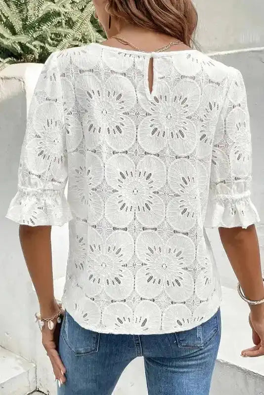 White Flower Eyelet Jacquard Top - Fashionfitz