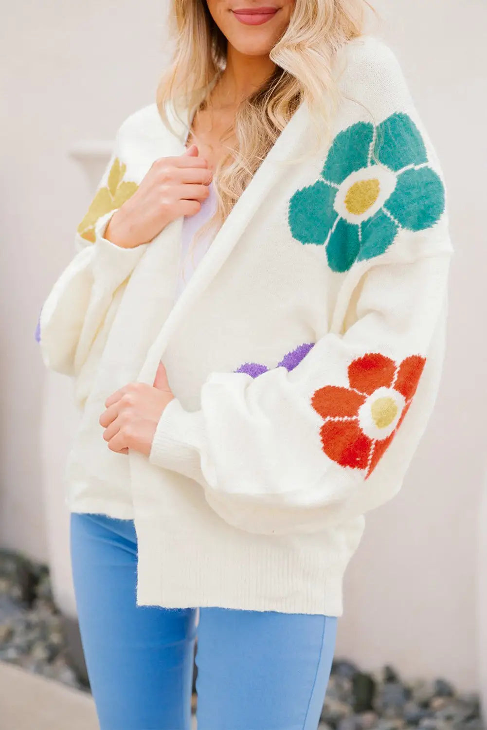 White flower jacquared bubble sleeve open cardigan - s / 50% viscose + 28% polyester + 22% polyamide - sweaters &