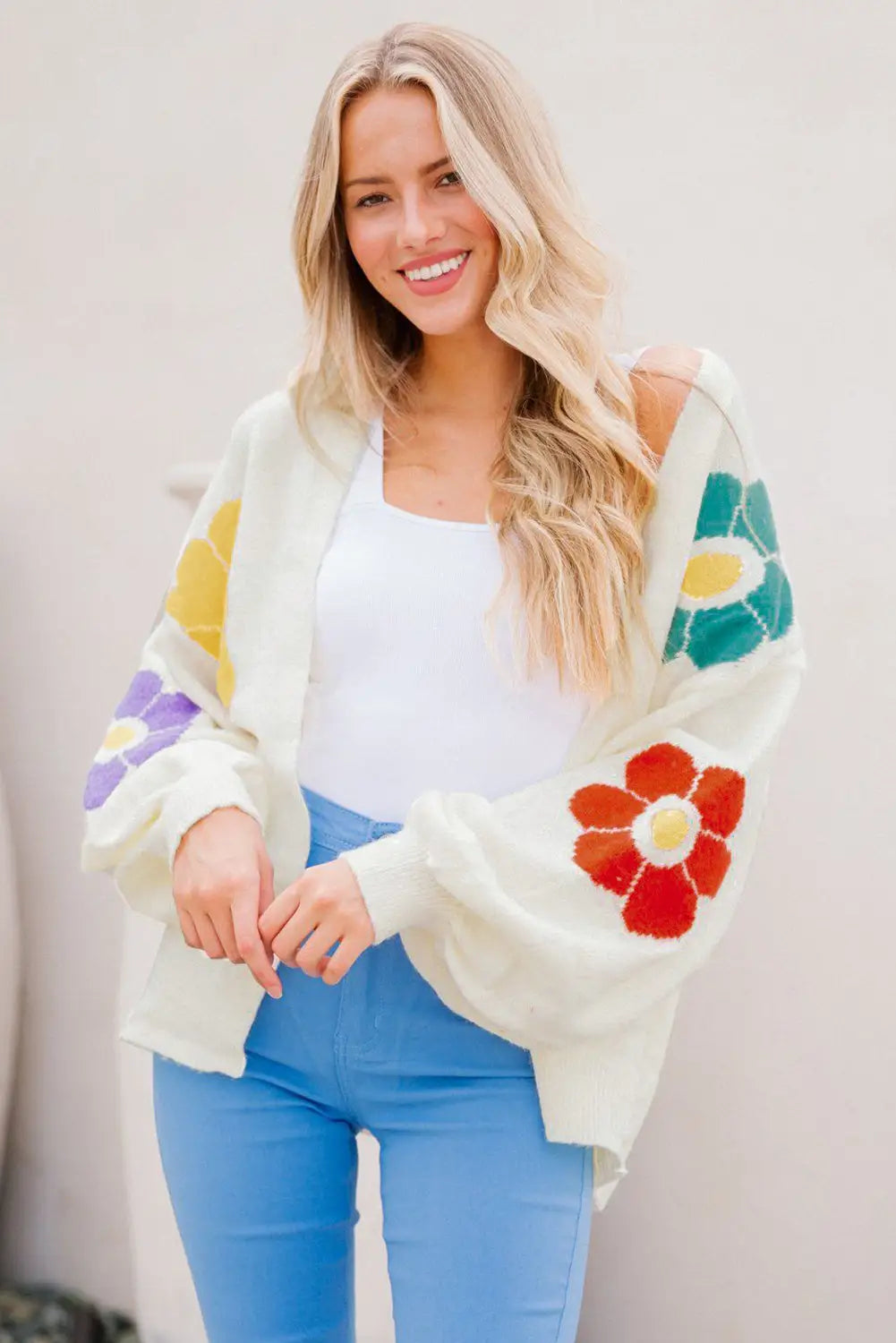 White flower jacquared bubble sleeve open cardigan - sweaters & cardigans