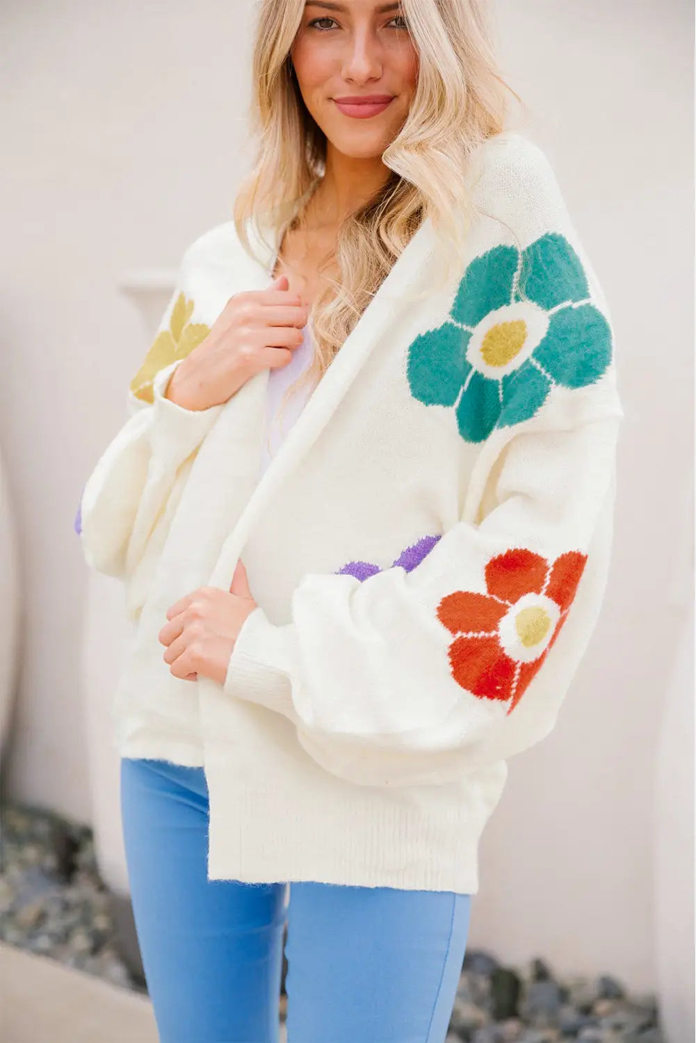 White flower jacquared bubble sleeve open cardigan - sweaters & cardigans