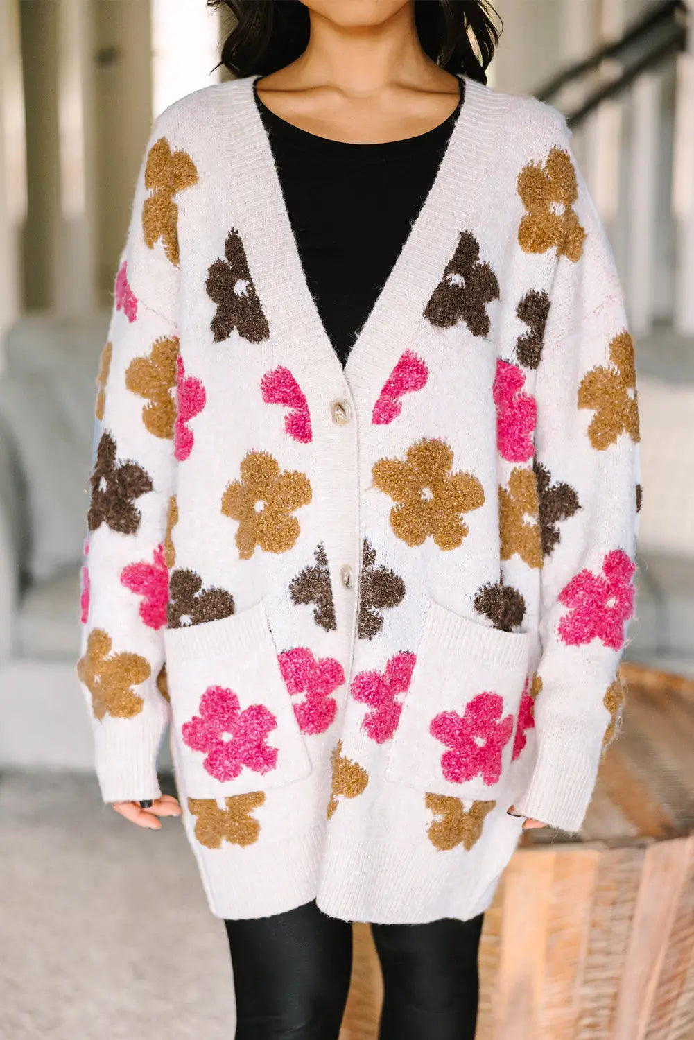 White flower pattern pocket buttoned cardigan - sweaters & cardigans