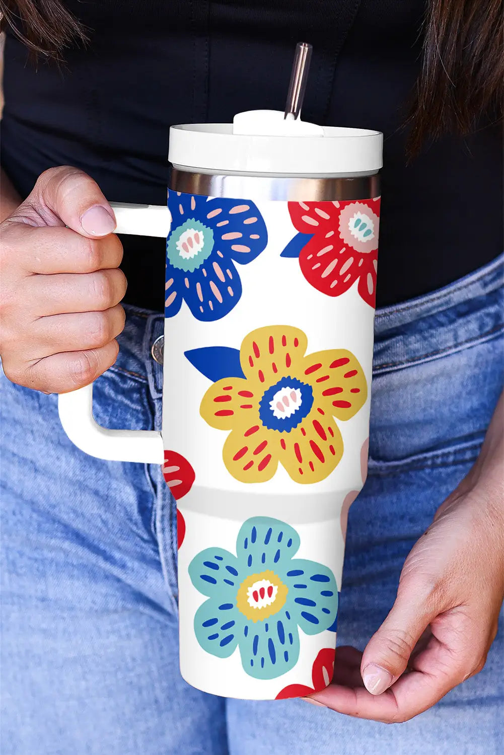 White flower pattern stainless vacuum cup with handle 40oz - one size / 100% alloy - tumblers