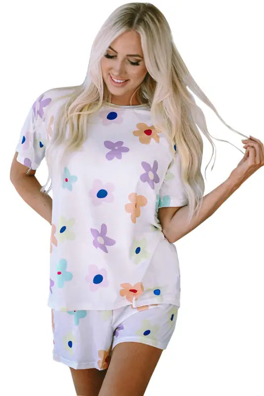 White flower print short sleeve high waist two piece shorts set - loungewear