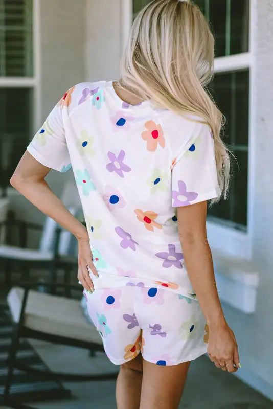 White flower print short sleeve high waist two piece shorts set - loungewear