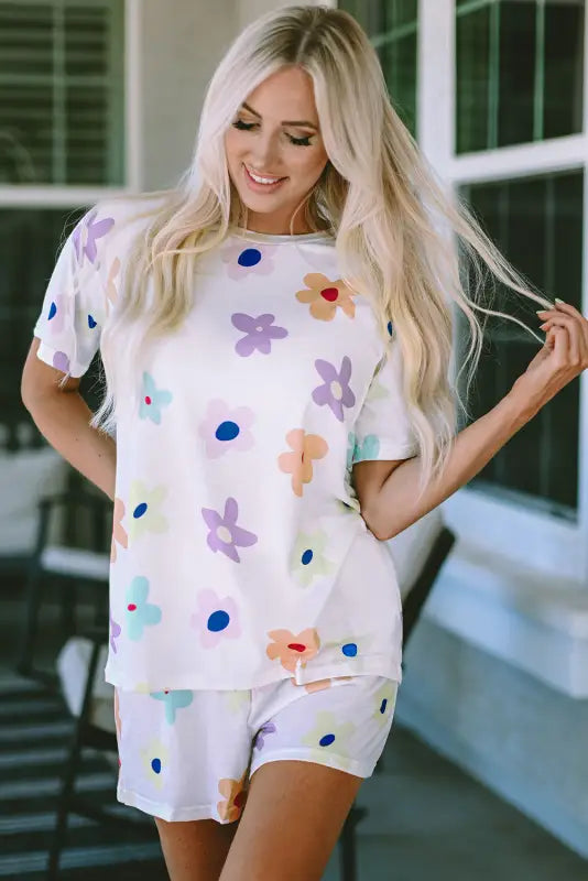 White flower print short sleeve high waist two piece shorts set - s / 95% polyester + 5% elastane - loungewear