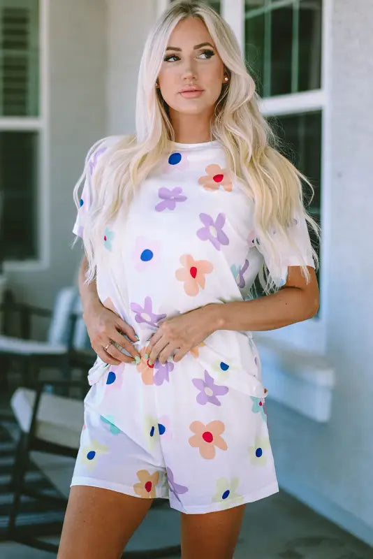 White flower print short sleeve high waist two piece shorts set - loungewear