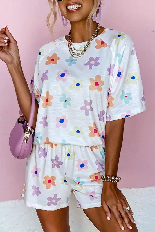 White flower print short sleeve high waist two piece shorts set - loungewear