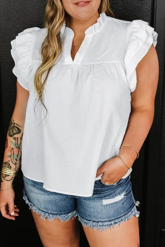 White flutter sleeve plus size blouse - blouses & shirts