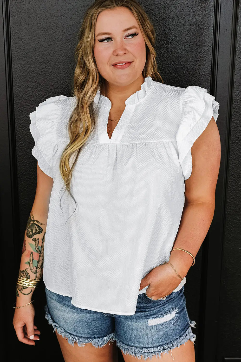 White flutter sleeve plus size blouse - 1x / 100% polyester - blouses & shirts