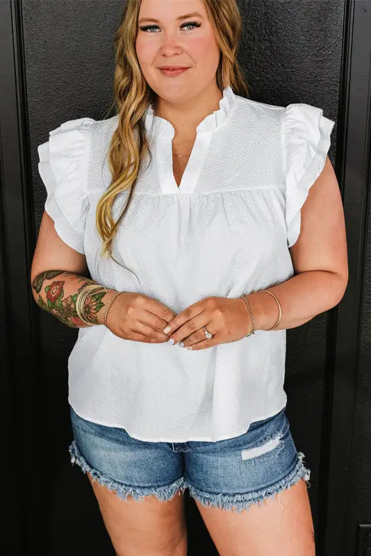 White flutter sleeve plus size blouse - blouses & shirts