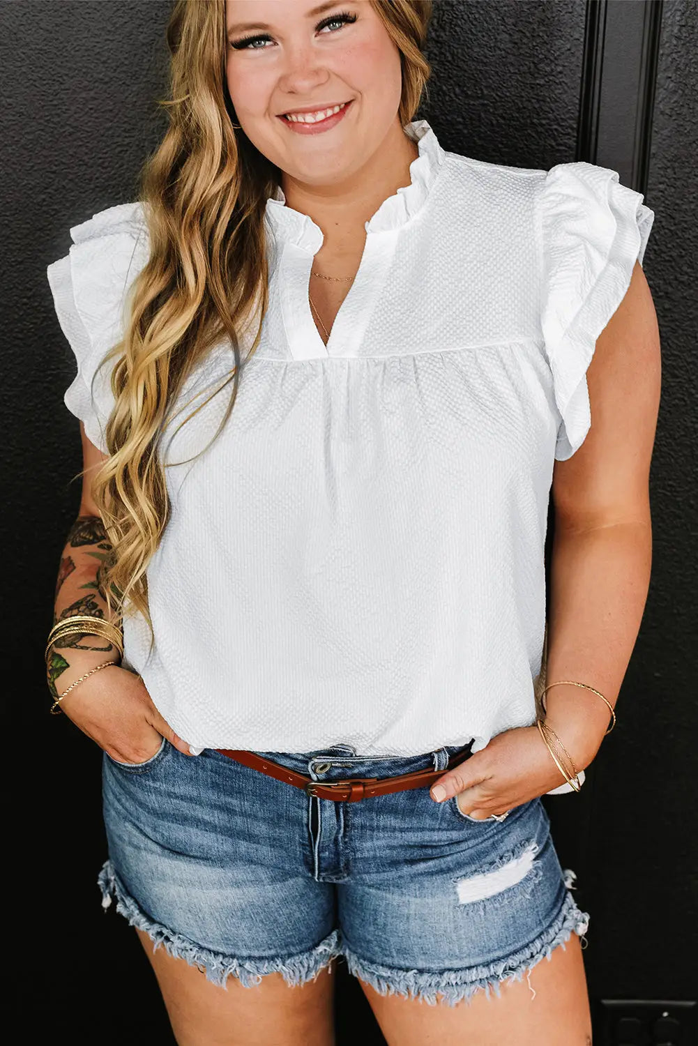 White flutter sleeve plus size blouse - blouses & shirts