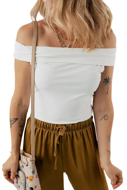 White folded off shoulder slim top - tops