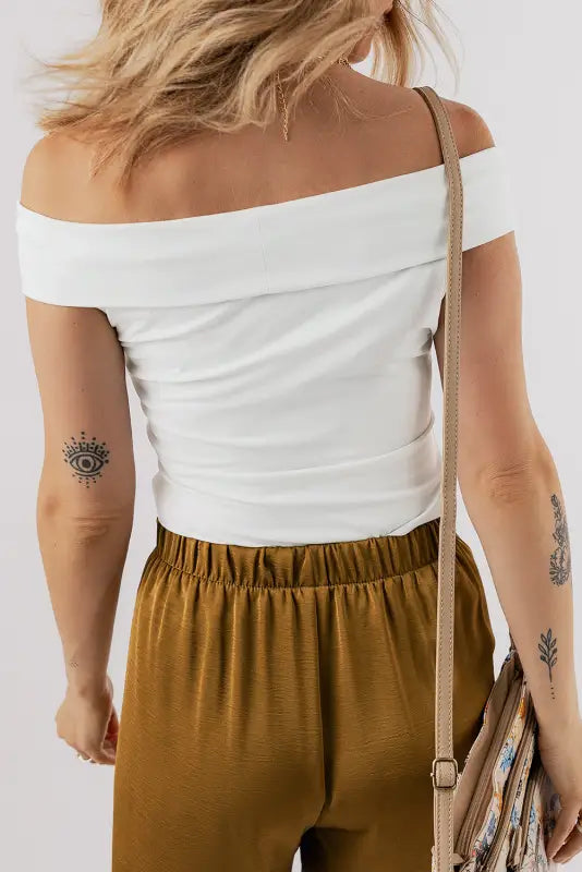 White folded off shoulder slim top - tops