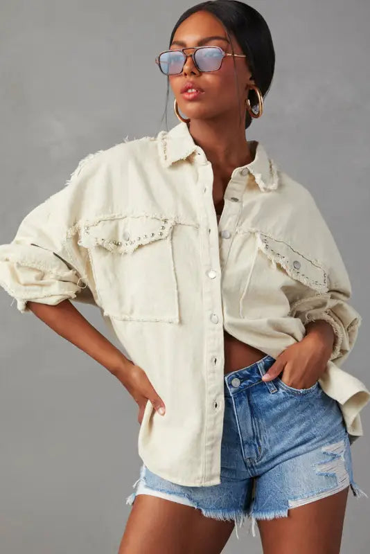 White frayed exposed seam denim jacket - outerwear