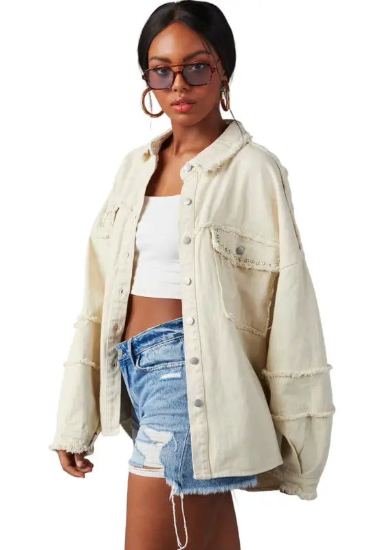 White frayed exposed seam denim jacket - outerwear