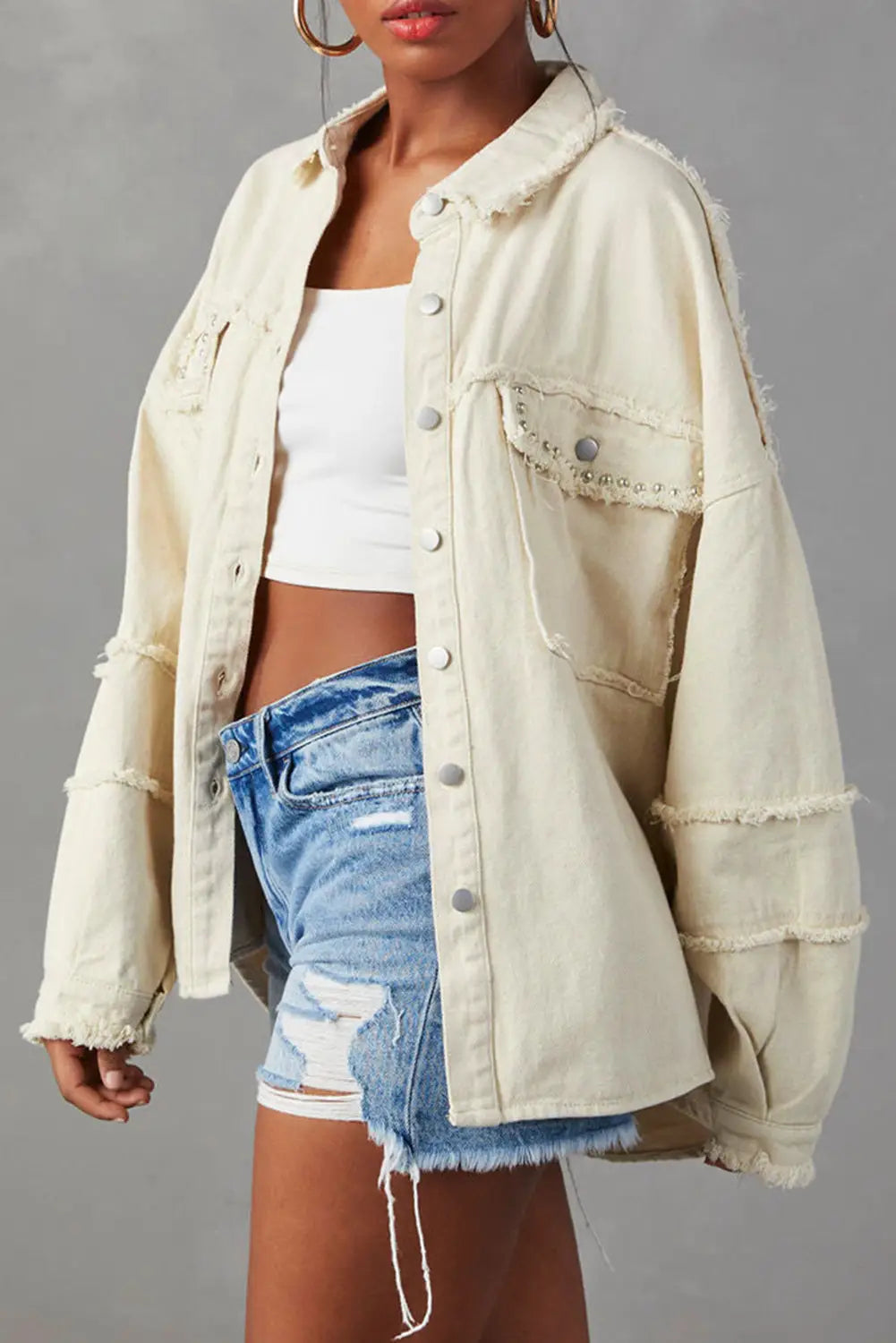 White frayed exposed seam denim jacket - outerwear