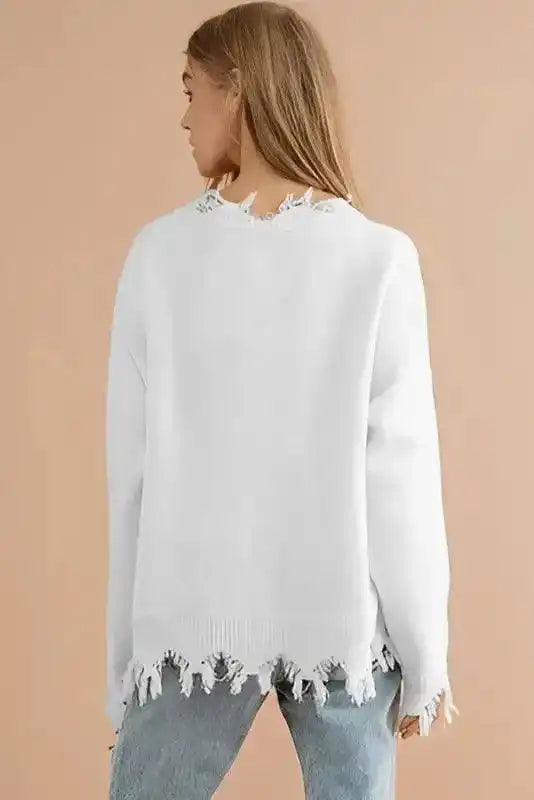 White Frayed Sequin Tiger Sweater - Fashionfitz