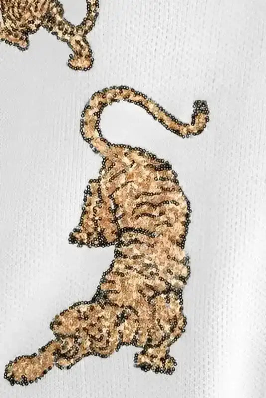White Frayed Sequin Tiger Sweater - Fashionfitz