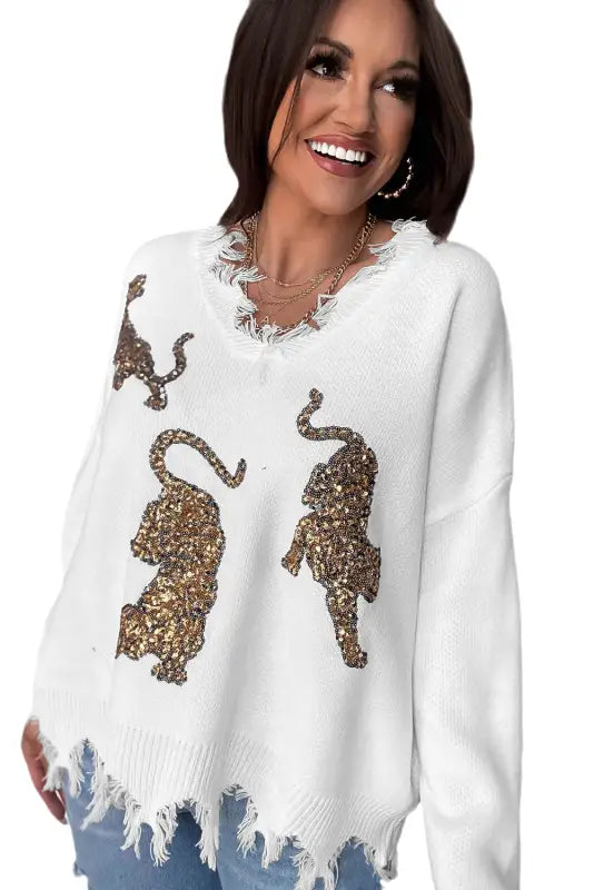 White frayed sequin tiger sweater - tops