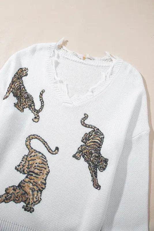 White frayed sequin tiger sweater - tops