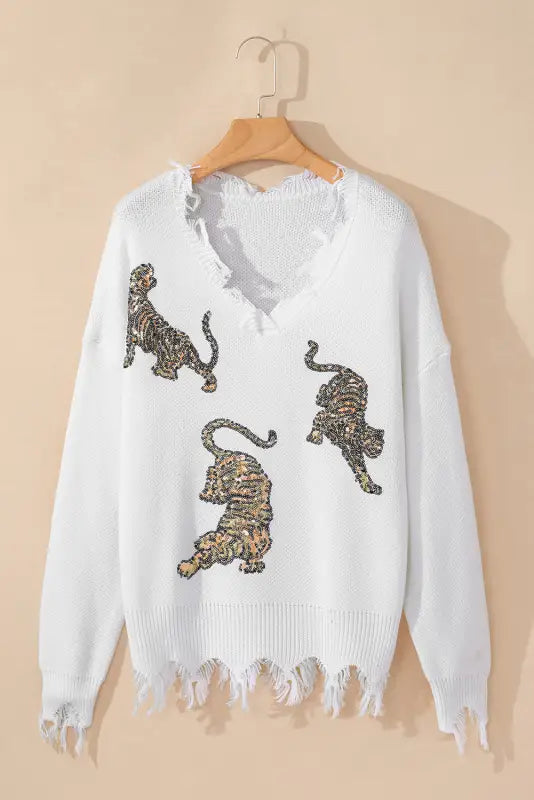 White frayed sequin tiger sweater - tops