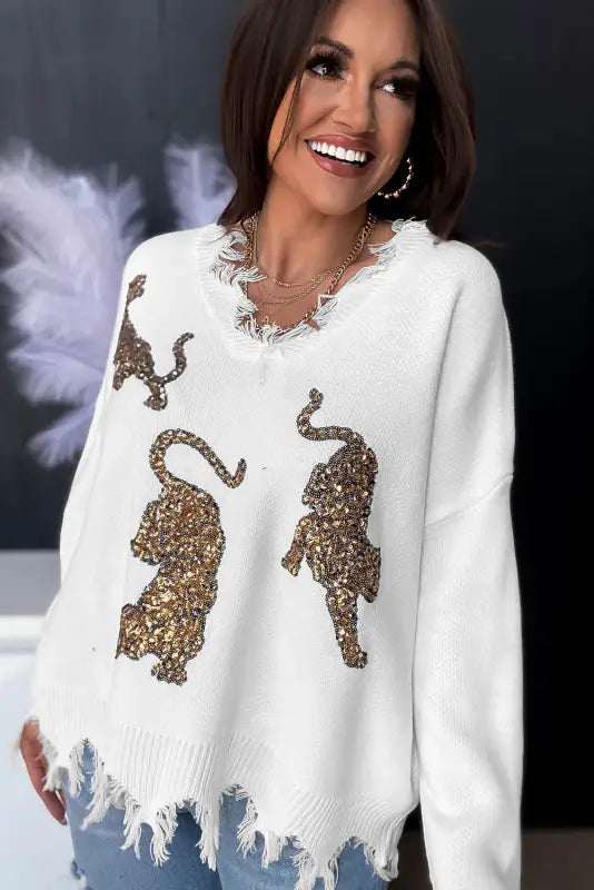 White frayed sequin tiger sweater - tops