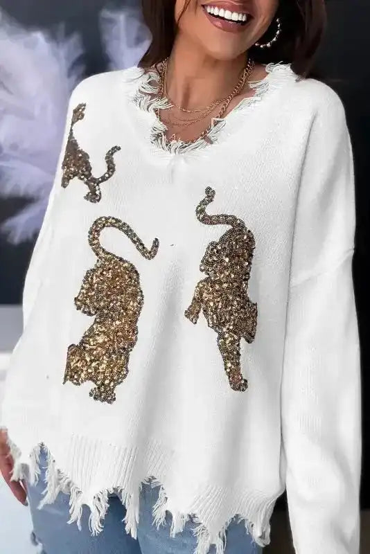 White Frayed Sequin Tiger Sweater - Fashionfitz