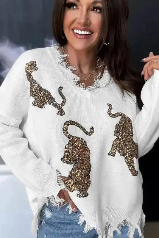 White Frayed Sequin Tiger Sweater - Fashionfitz