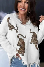 White Frayed Sequin Tiger Sweater - Fashionfitz