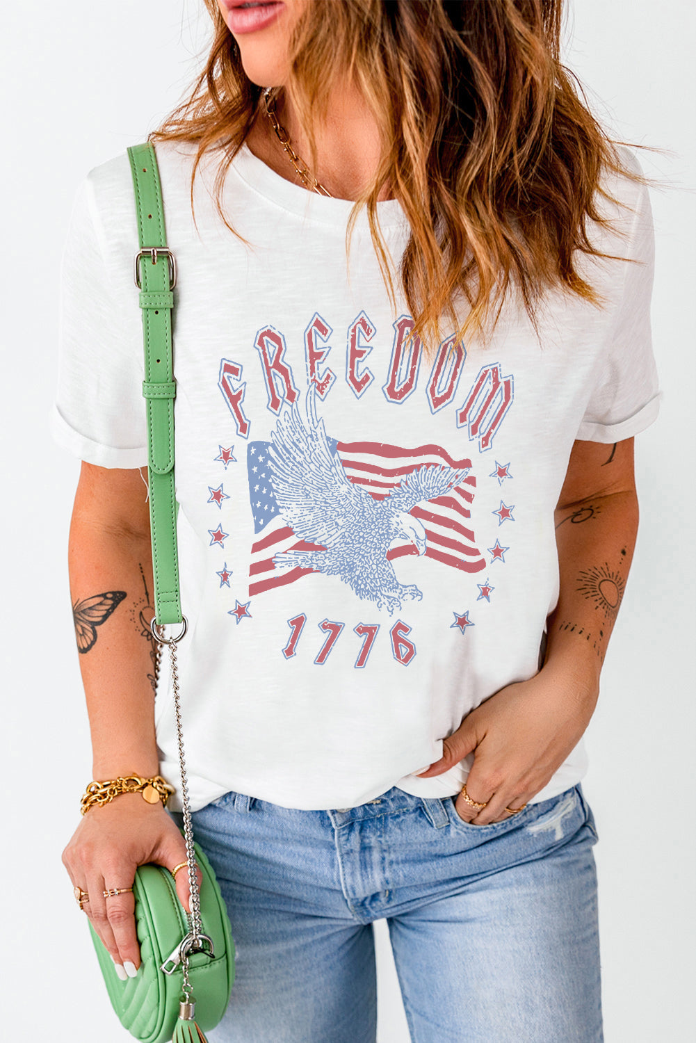 White freedom eagle flag print 1776 graphic tee - t-shirts