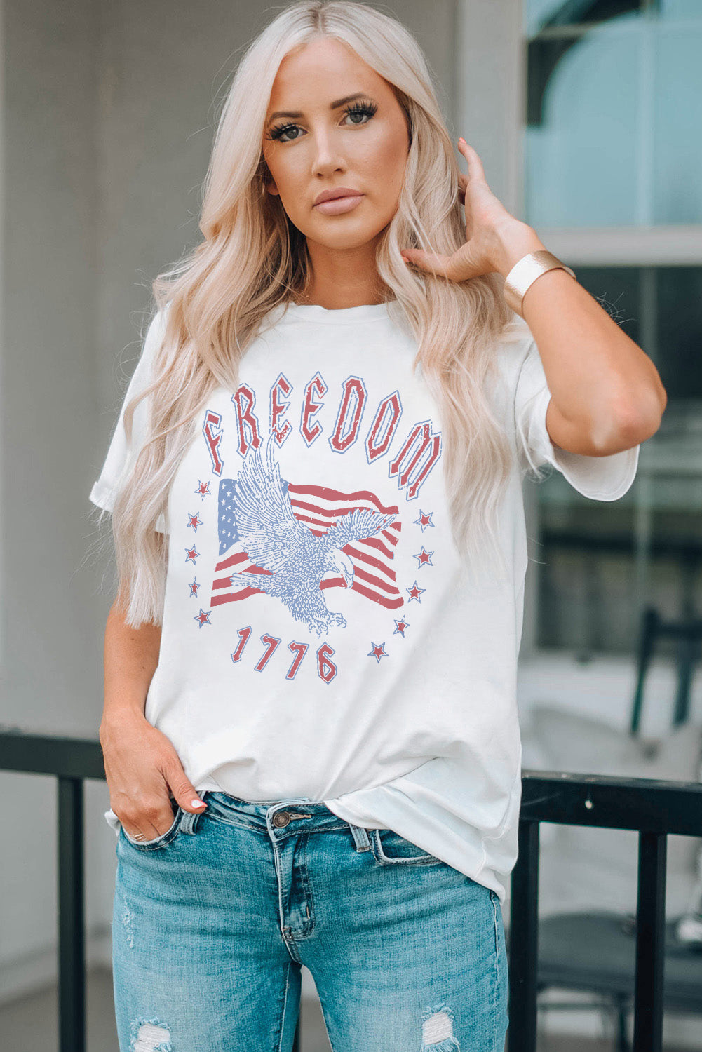 White freedom eagle flag print 1776 graphic tee - t-shirts