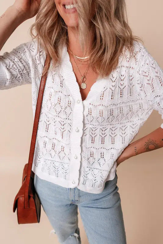 White frenchy cardigan - hollow out knitted v neck