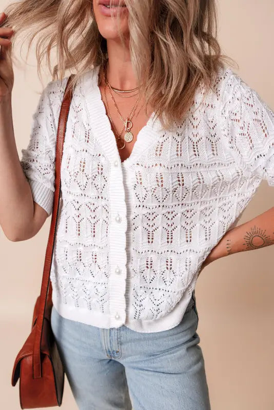 White frenchy cardigan - hollow out knitted v neck