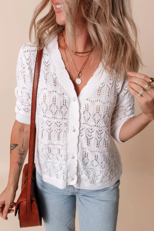 White frenchy cardigan - hollow out knitted v neck