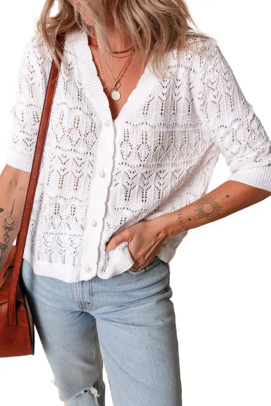 White frenchy cardigan - hollow out knitted v neck