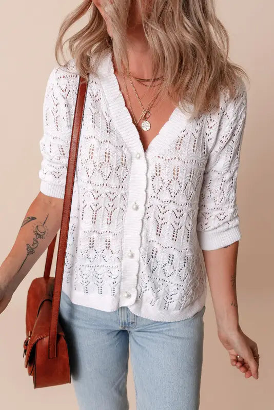 White frenchy cardigan - hollow out knitted v neck