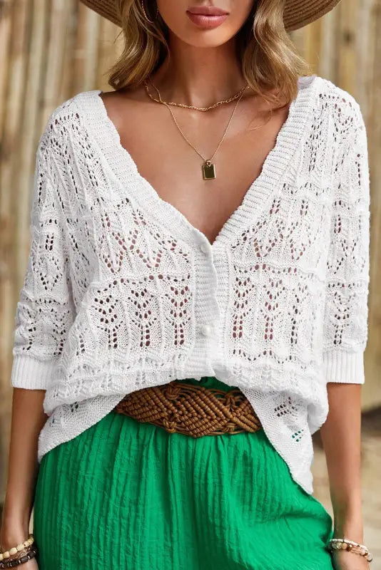 White frenchy cardigan - hollow out knitted v neck