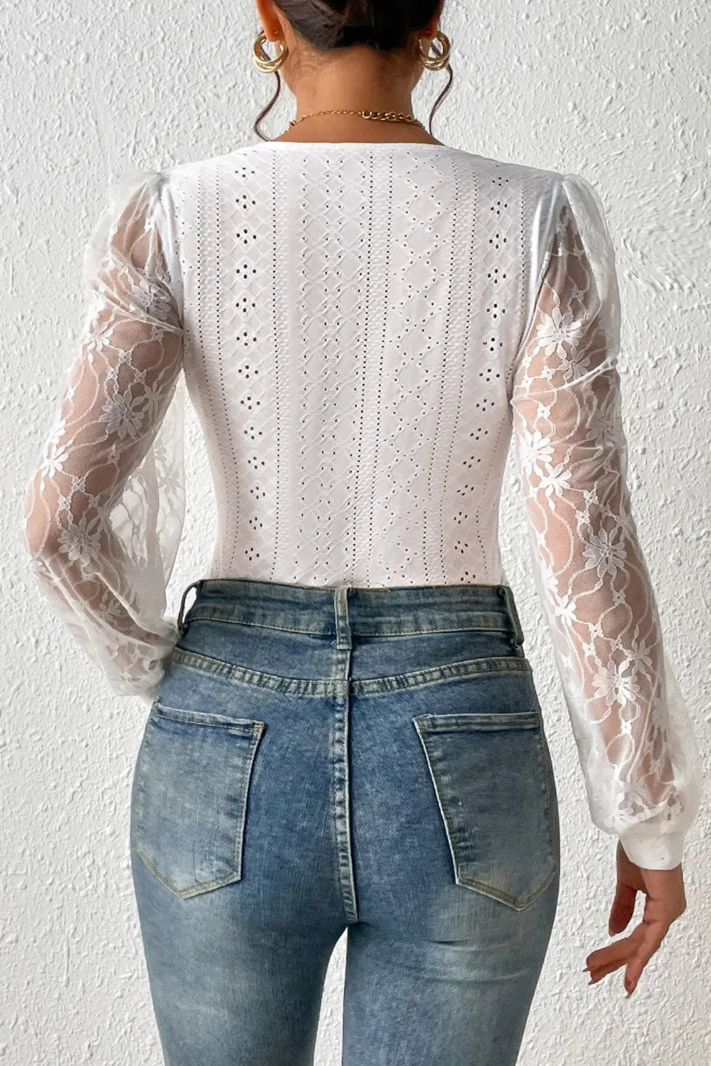 White frenchy contrast lace bishop sleeve bodysuit - tops