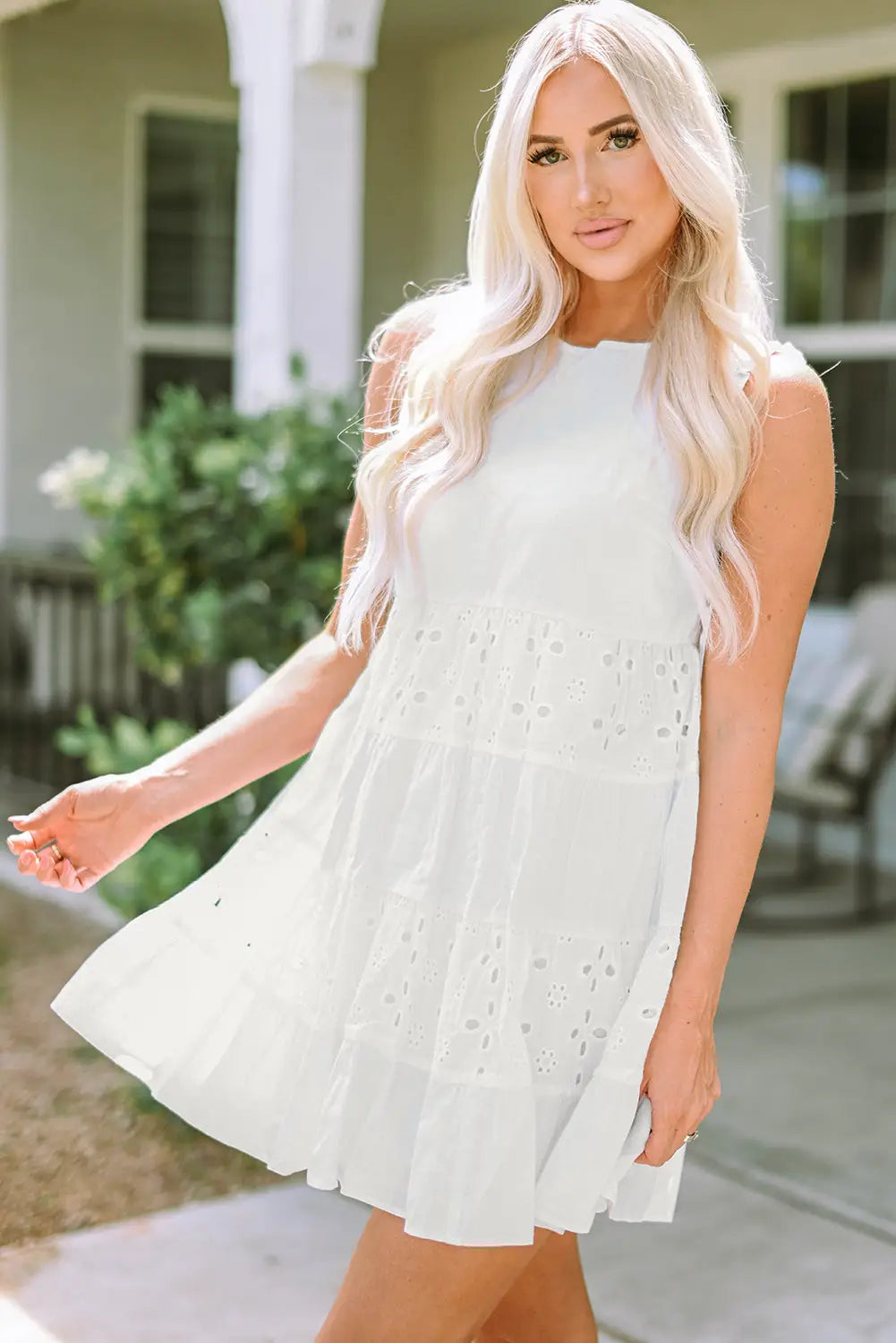 White frill trim sleeveless babydoll dress - mini dresses