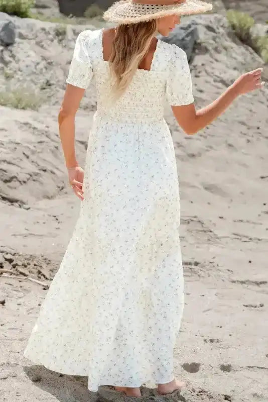 White Frilly Floral Maxi Dress - Fashionfitz