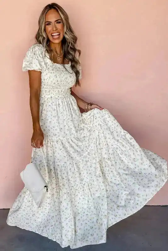 White Frilly Floral Maxi Dress - Fashionfitz