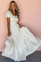 White Frilly Floral Maxi Dress - Fashionfitz