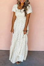 White Frilly Floral Maxi Dress - Fashionfitz