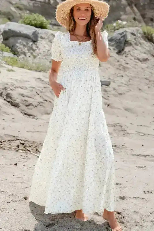 White Frilly Floral Maxi Dress - Fashionfitz