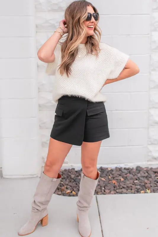 White fuzzy t-shirt - eyelet knitted sweater