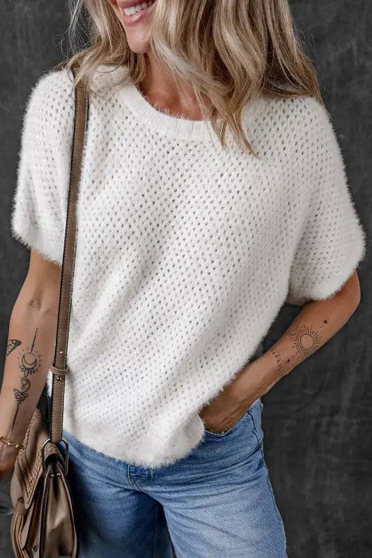 White fuzzy t-shirt - eyelet knitted sweater