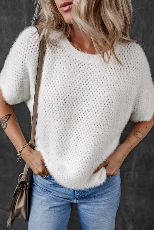 White fuzzy t-shirt - eyelet knitted sweater