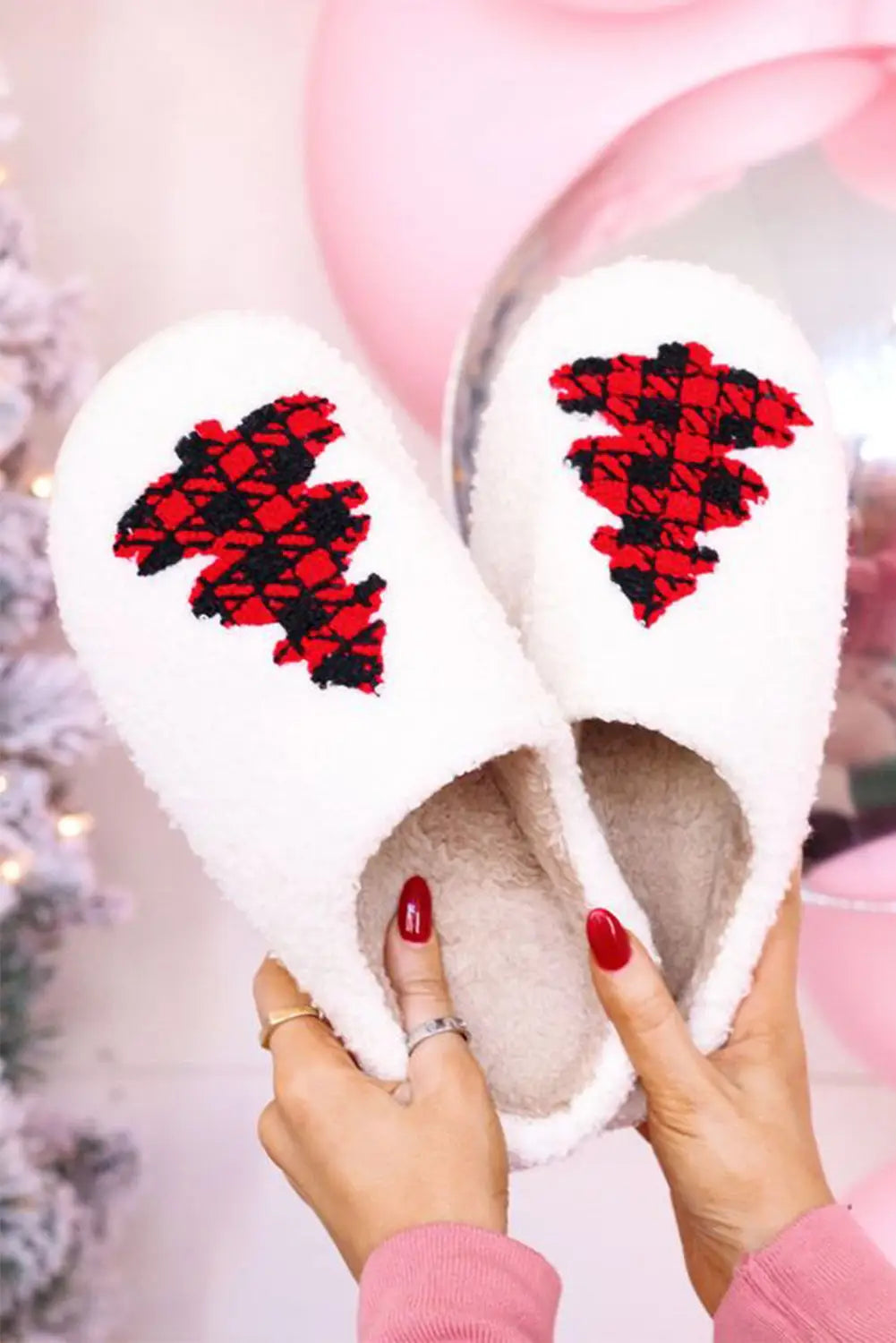 White fuzzy tree pattern christmas fashion home slippers - 37 / 100% polyester + 100% tpr