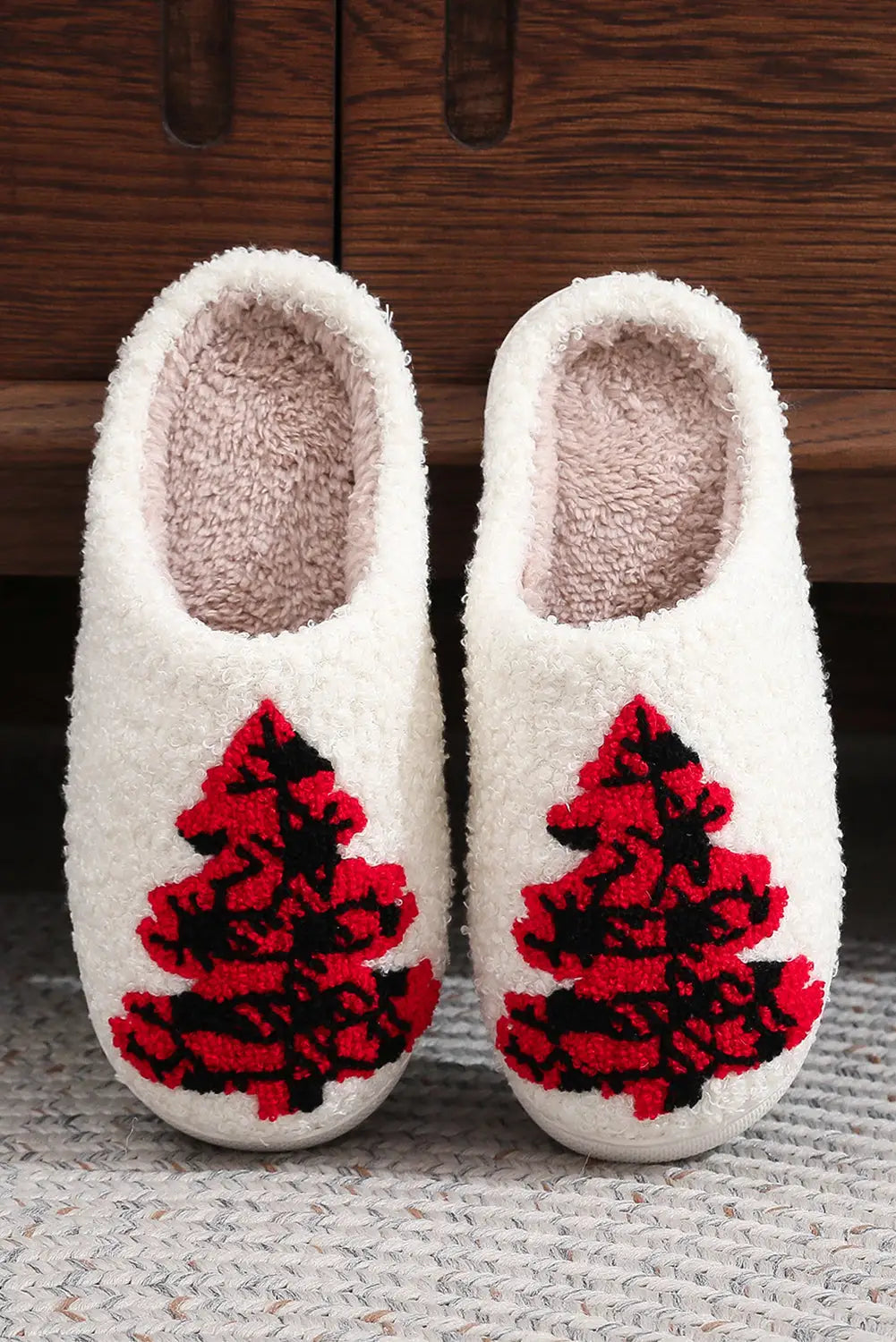 White fuzzy tree pattern christmas fashion home slippers -