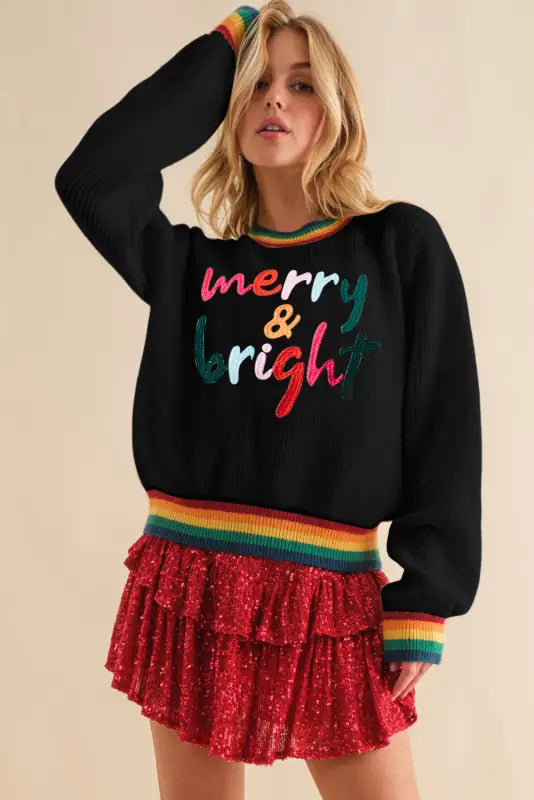 White glitter merry & bright colorful stripes trim sweater - tops